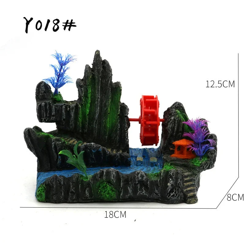 Fish Tank Landscaping Waterwheel Rock Mountain Decor Air Maker Resin Decoration Castle Fish Shrimp Shelter Aquarium Accessories